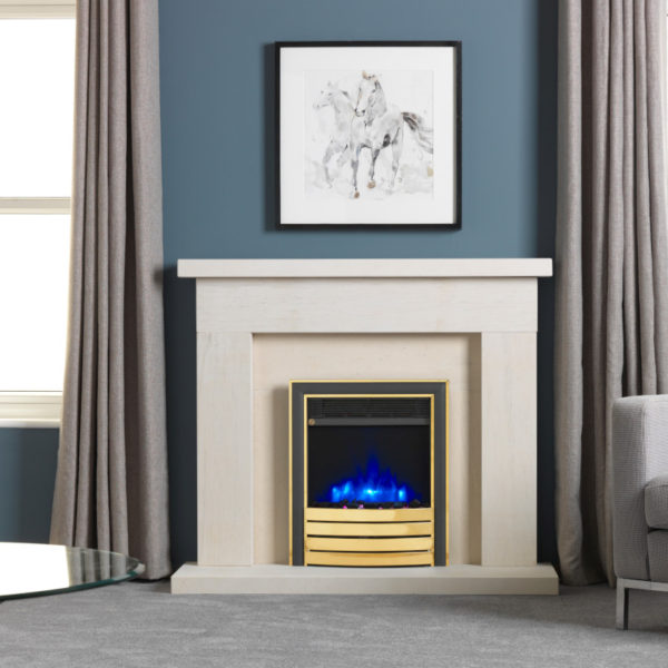 4D Ecoflame Beckford Surround Brass + Black Elite Fascia with Coal Fuel Bed and Blue Flame